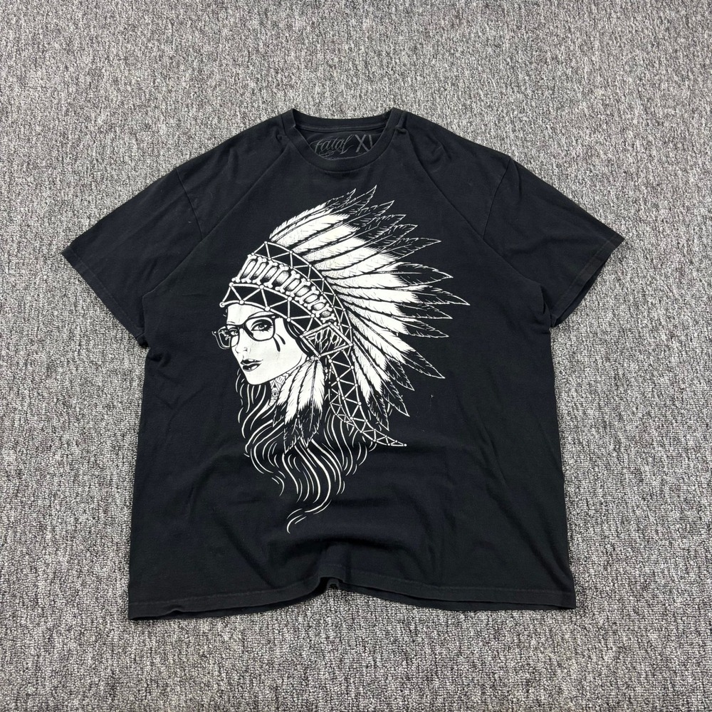 Y2K Skater Grunge Fatal Native American Headdress Graphic T-Shirt Black XL